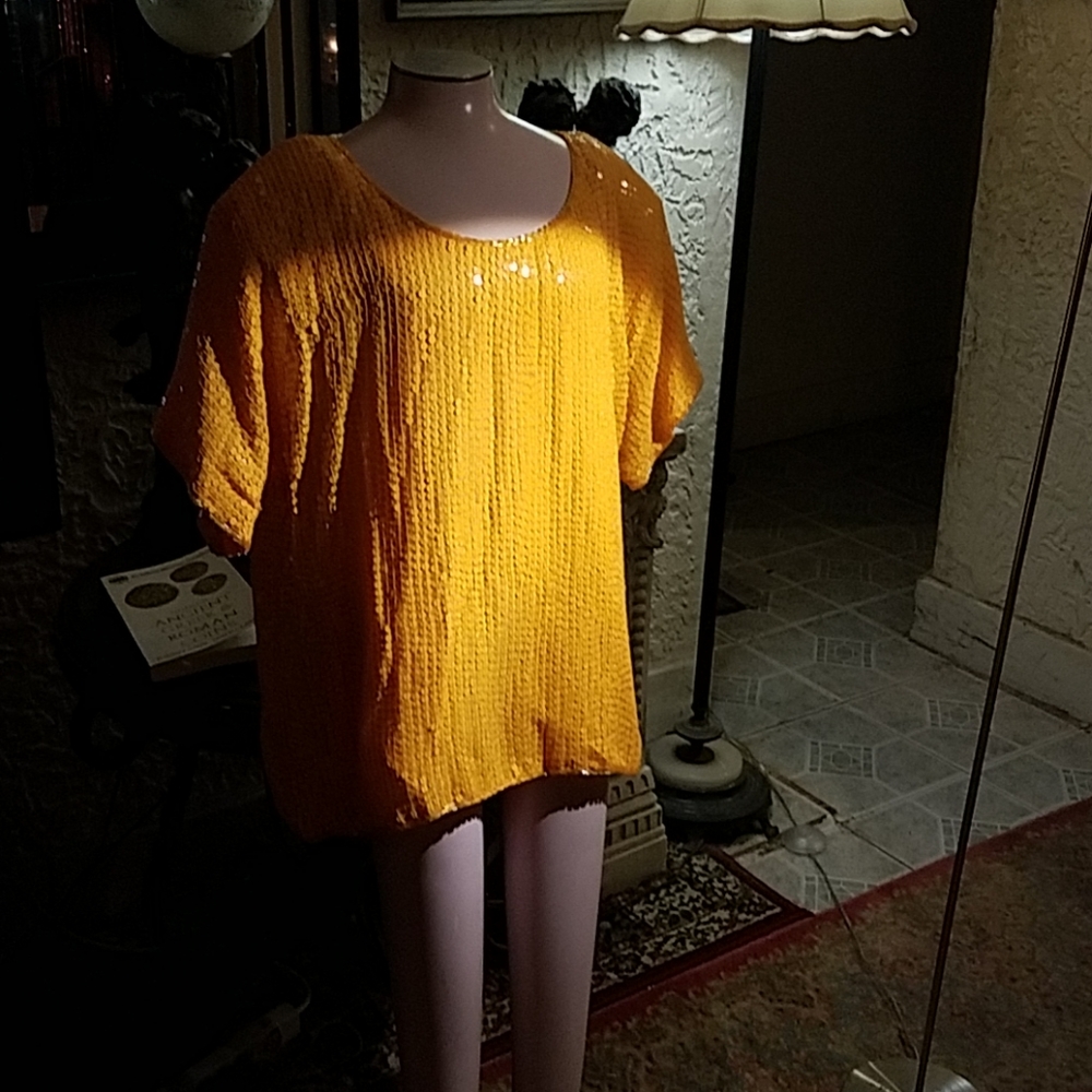 Showstopping yellow silk and sequins top